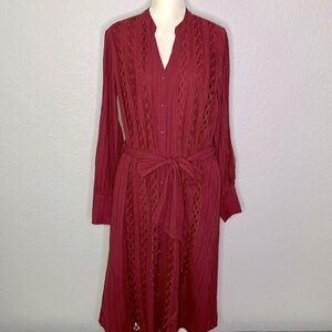 Champagne & Strawberry Long Sleeve Shirt Dress Crochet Insets Oversized Small